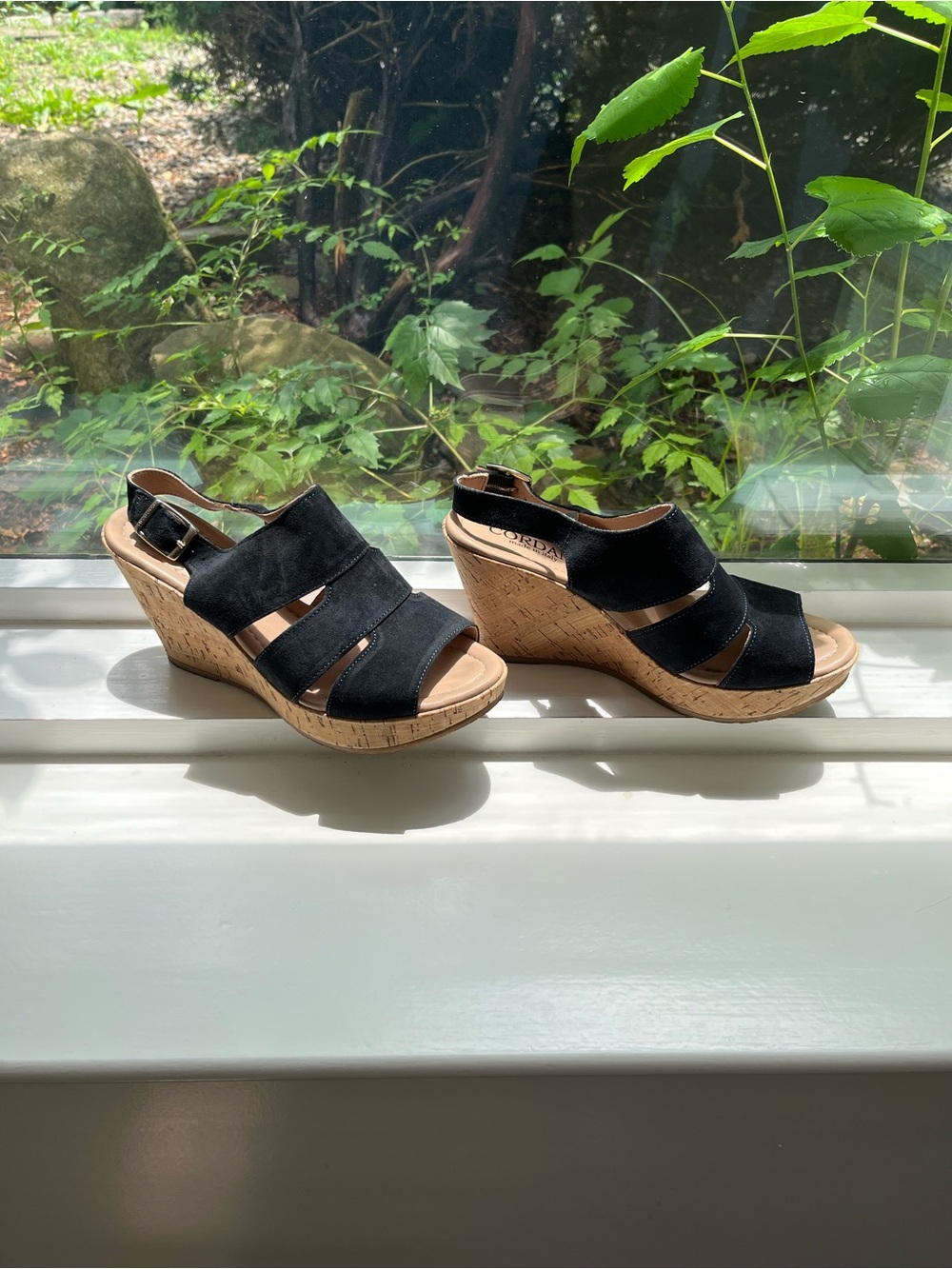 High end Cordani ROSIE Dark Blue Black Suede open toe Cork Wedge Sandals & comfy